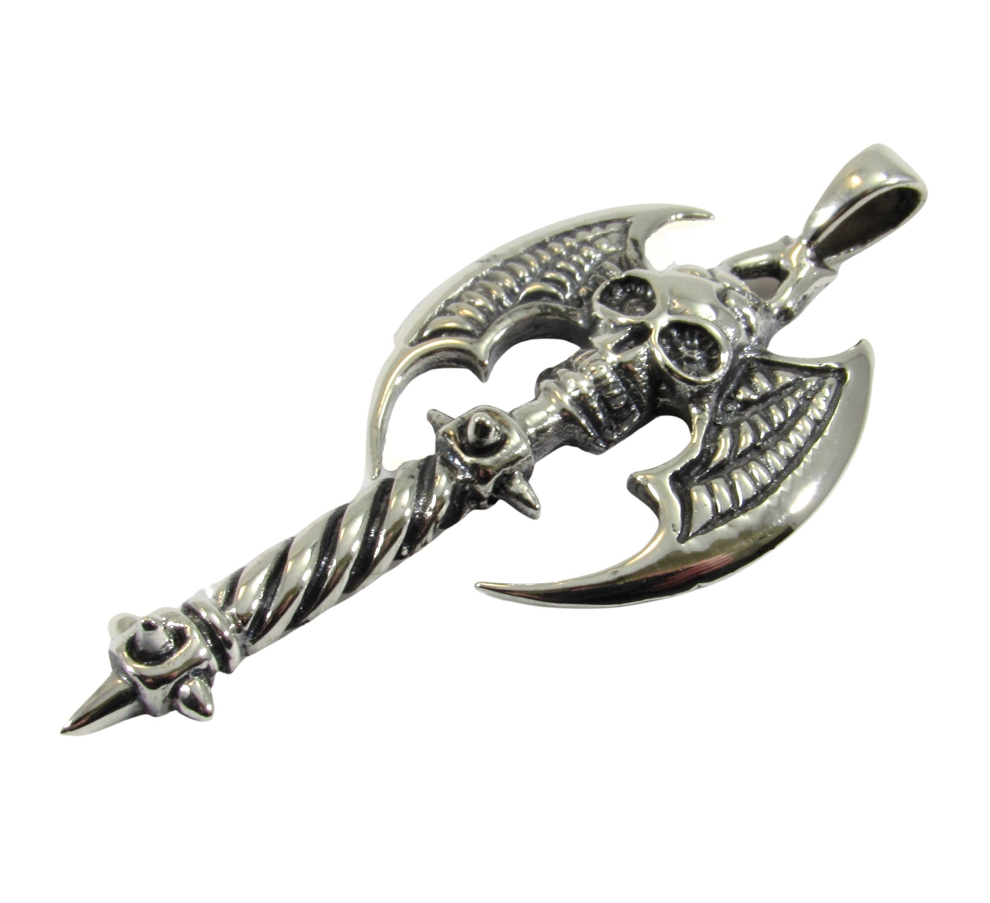 Solid 925 Sterling Silver Double Axe Skull Pendant – Gothic Warrior Battle Axe Amulet