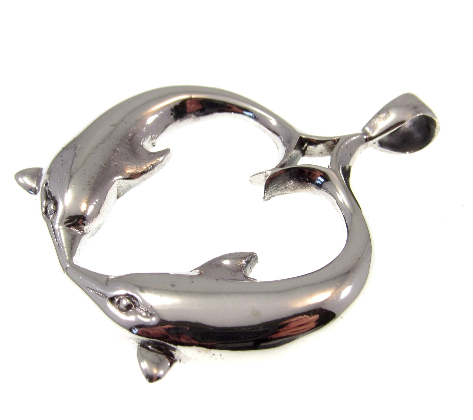 Solid 925 Sterling Silver Double Dolphin Heart Pendant, Pair of Dolphins Slide Pendant