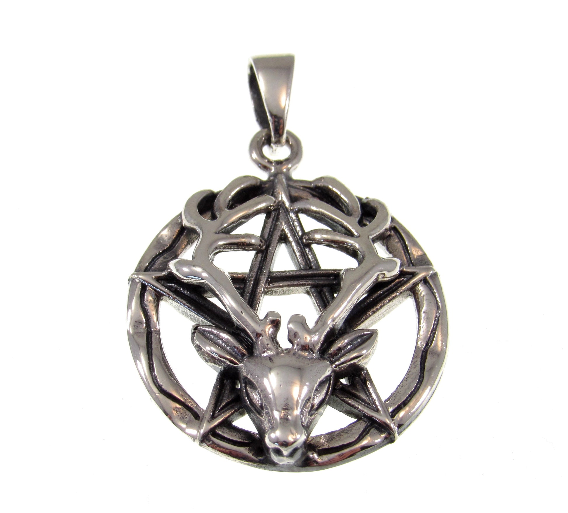 Solid 925 Sterling Silver Reindeer Pentagram Pentacle Pendant, Horned God Cernunnos, Wicca Pagan Amulet