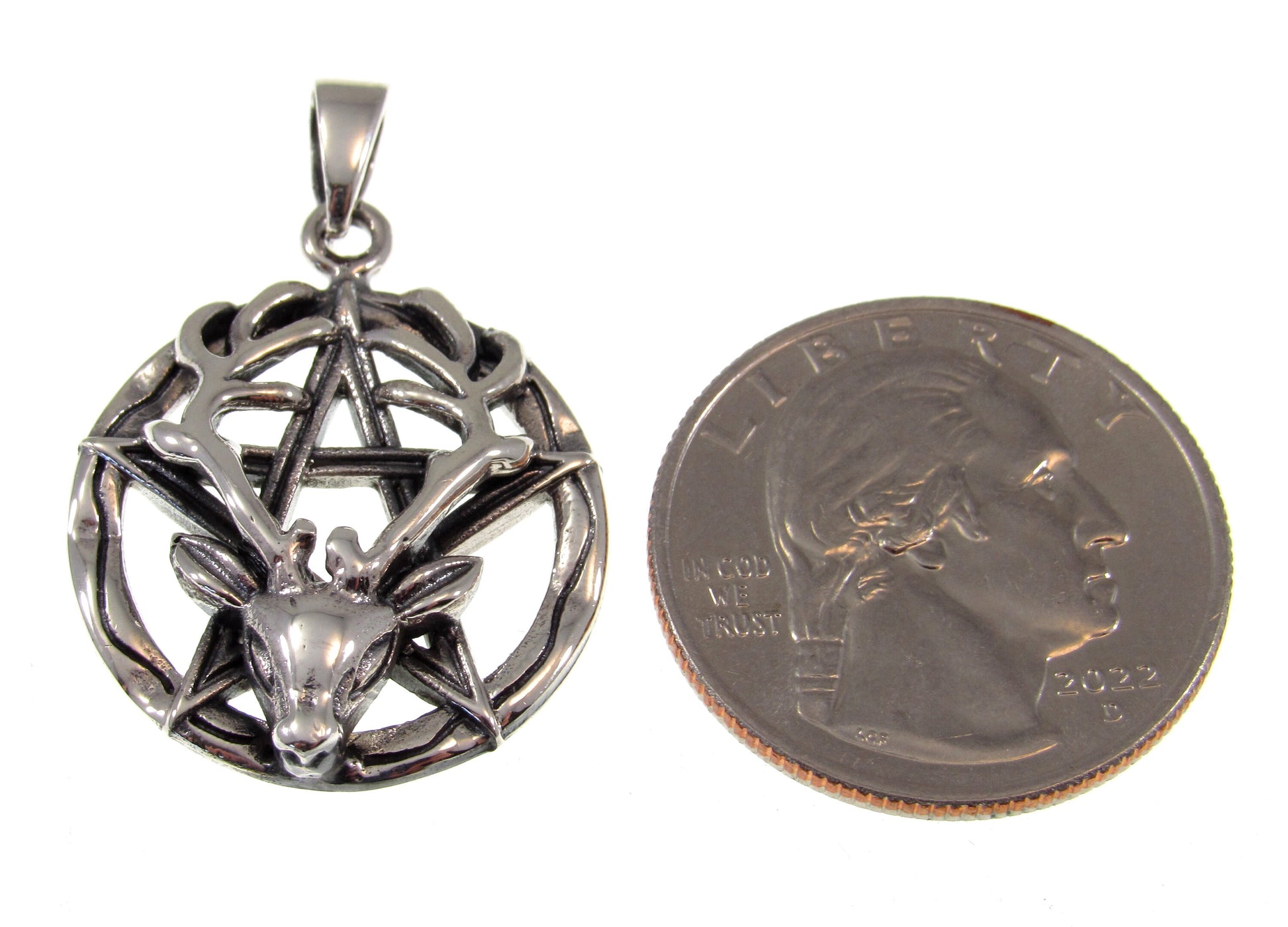 Solid 925 Sterling Silver Reindeer Pentagram Pentacle Pendant, Horned God Cernunnos, Wicca Pagan Amulet