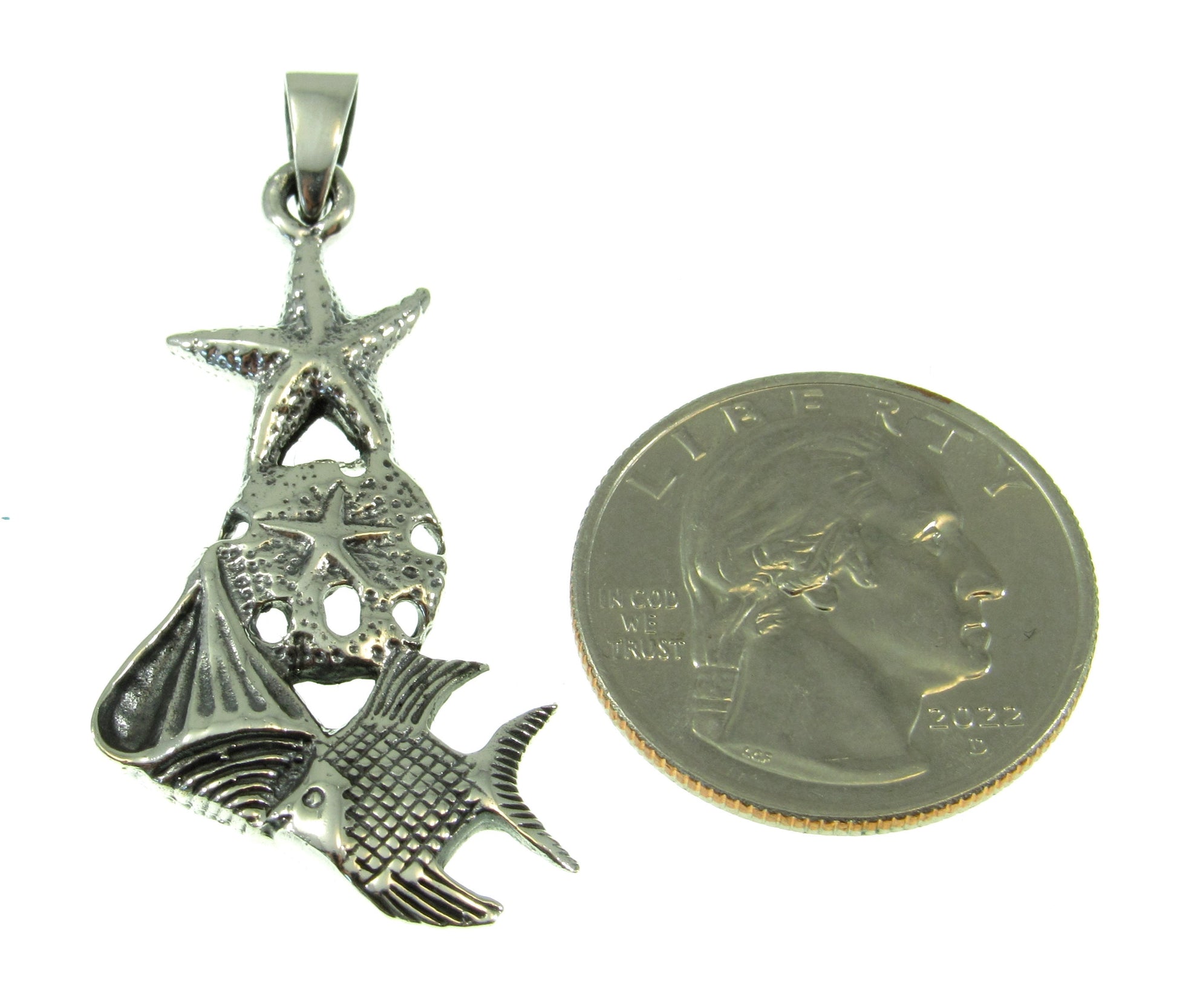 Solid 925 Sterling Silver Ocean Pendant – Starfish, Sand Dollar, and Fish Charm – Beach Lover Necklace – Nautical Sea Life Jewelry Gift