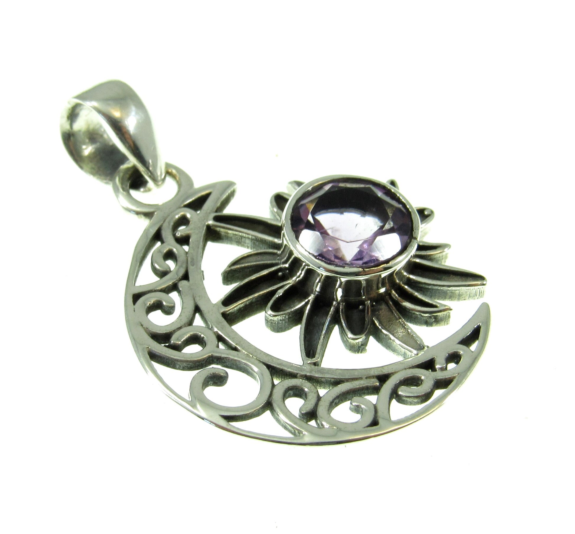 Solid 925 Sterling Silver Crescent Moon & Sun Pendant With Gemstone, Amethyst, Citrine, Garnet, or Turquoise