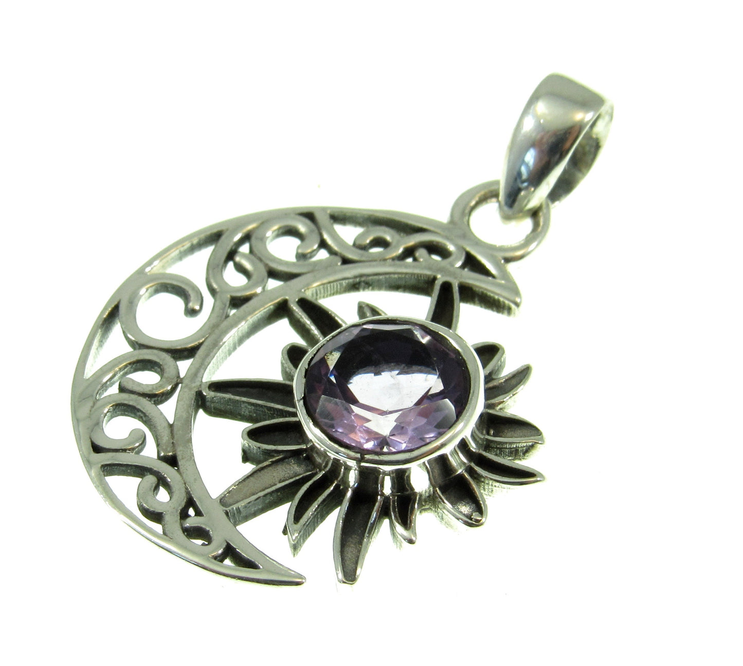 Solid 925 Sterling Silver Crescent Moon & Sun Pendant With Gemstone, Amethyst, Citrine, Garnet, or Turquoise