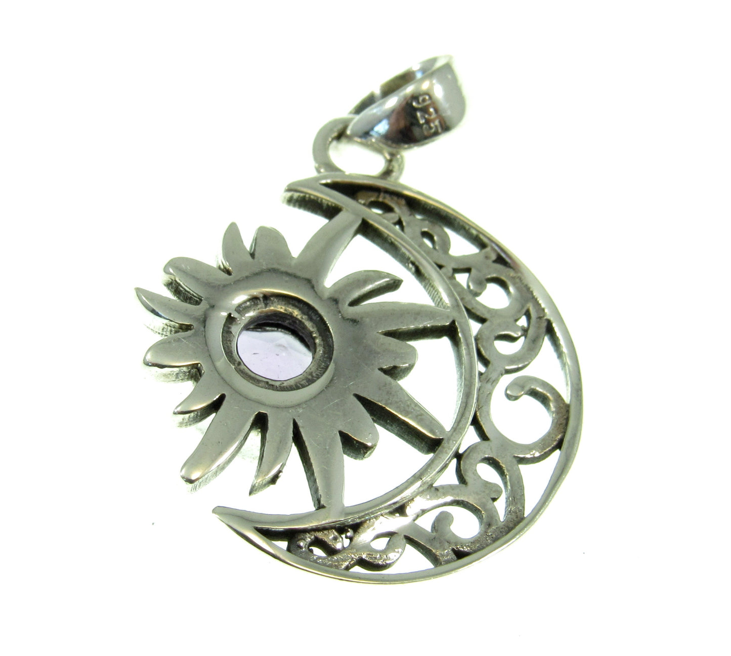 Solid 925 Sterling Silver Crescent Moon & Sun Pendant With Gemstone, Amethyst, Citrine, Garnet, or Turquoise