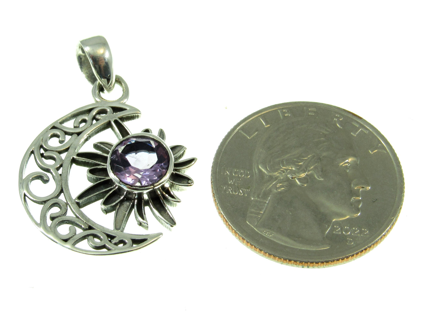 Solid 925 Sterling Silver Crescent Moon & Sun Pendant With Gemstone, Amethyst, Citrine, Garnet, or Turquoise