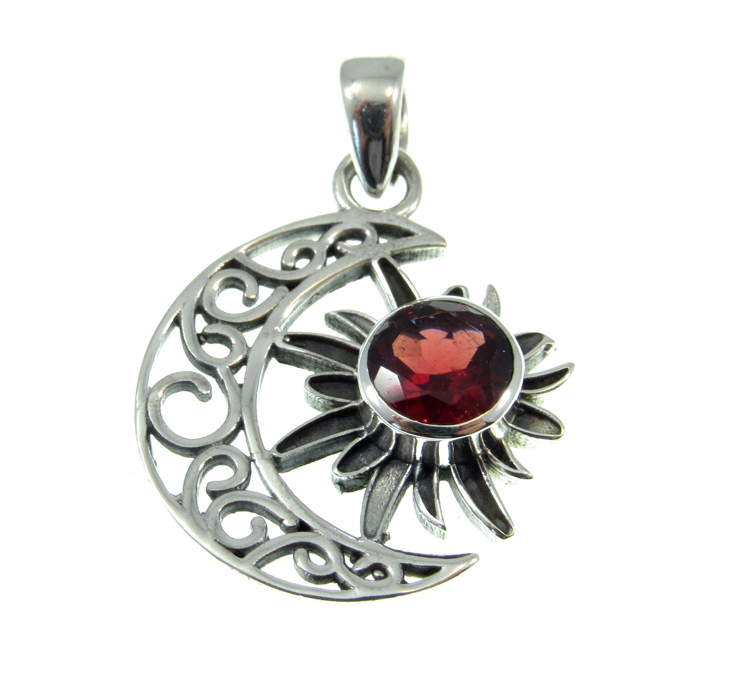 Solid 925 Sterling Silver Crescent Moon & Sun Pendant With Gemstone, Amethyst, Citrine, Garnet, or Turquoise