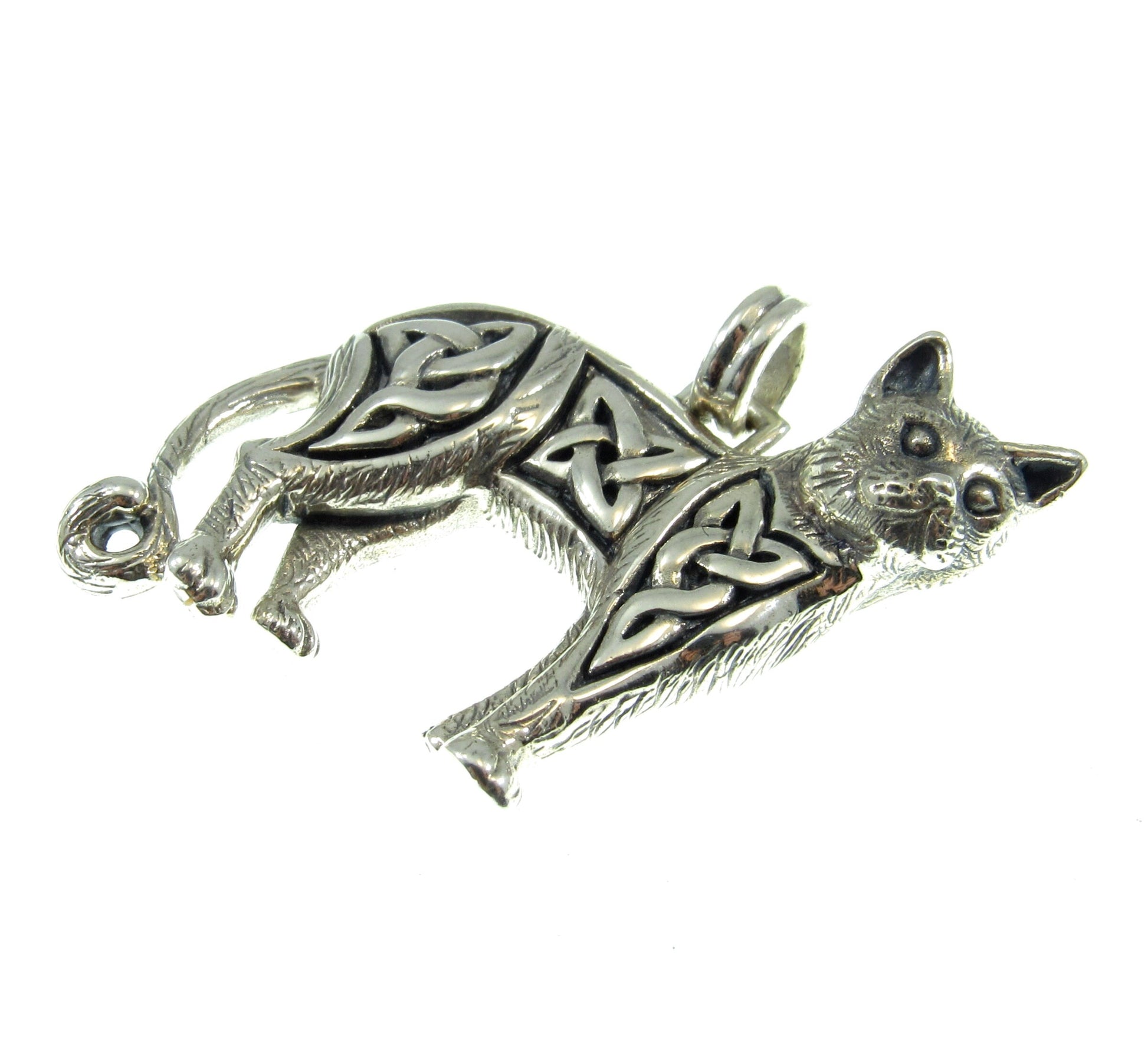 Solid 925 Sterling Silver Magical Wiccan Celtic Cat Pendant