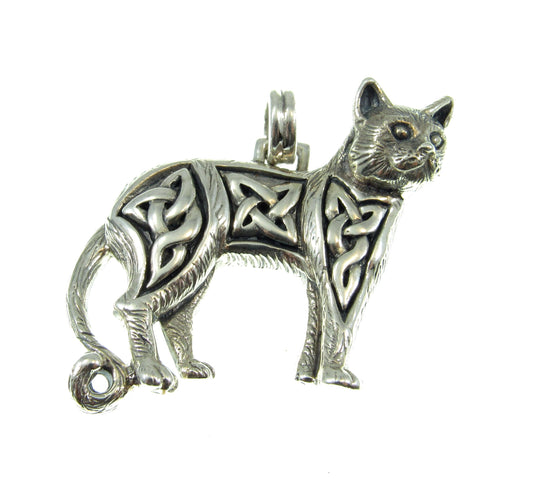 Solid 925 Sterling Silver Magical Wiccan Celtic Cat Pendant