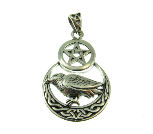 Solid 925 Sterling Silver Raven on Celtic Crescent Moon Pentacle, Magical Pagan Wiccan Amulet