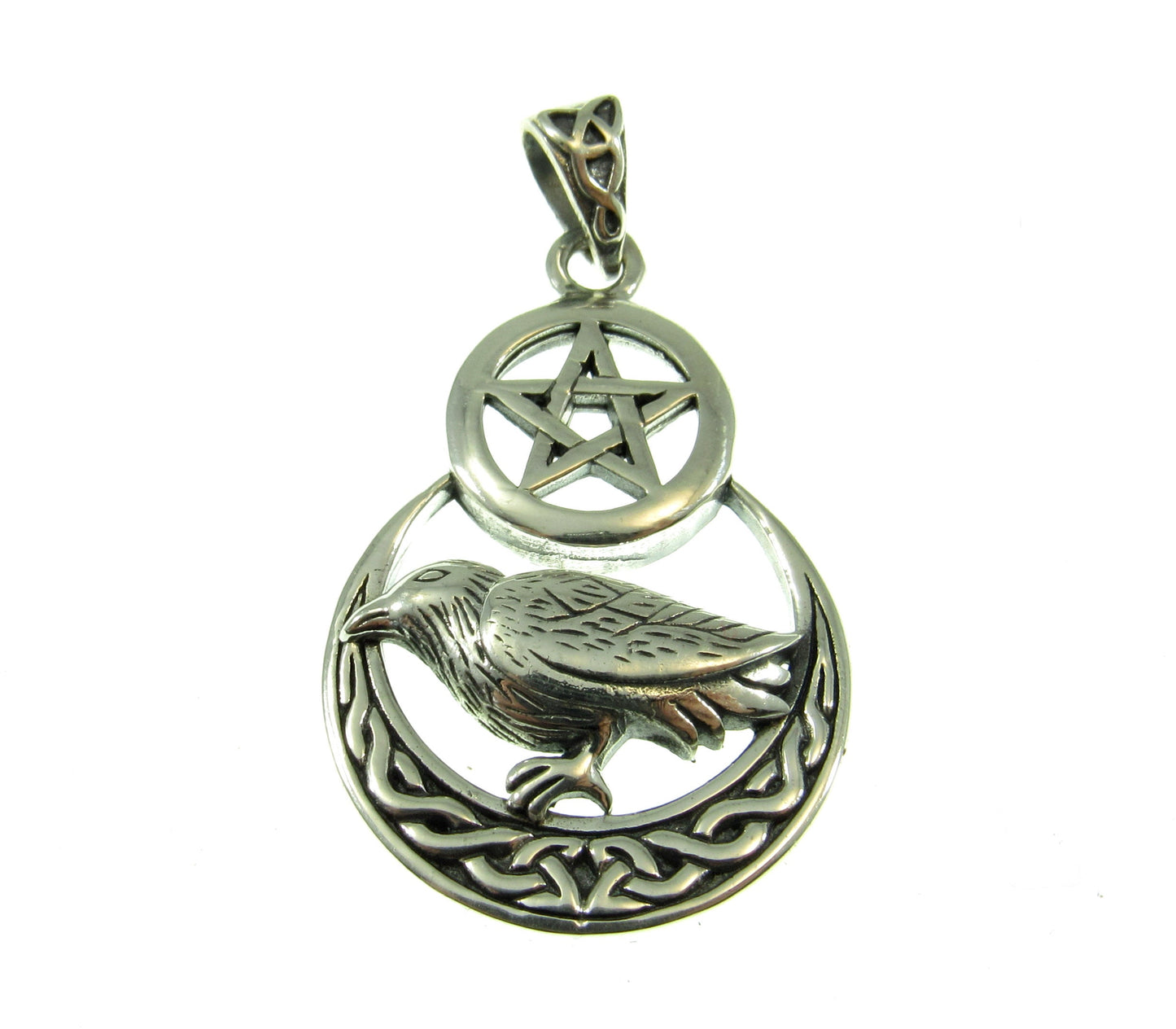Solid 925 Sterling Silver Raven on Celtic Crescent Moon Pentacle, Magical Pagan Wiccan Amulet