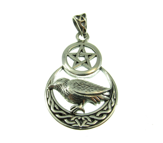 Solid 925 Sterling Silver Raven on Celtic Crescent Moon Pentacle, Magical Pagan Wiccan Amulet