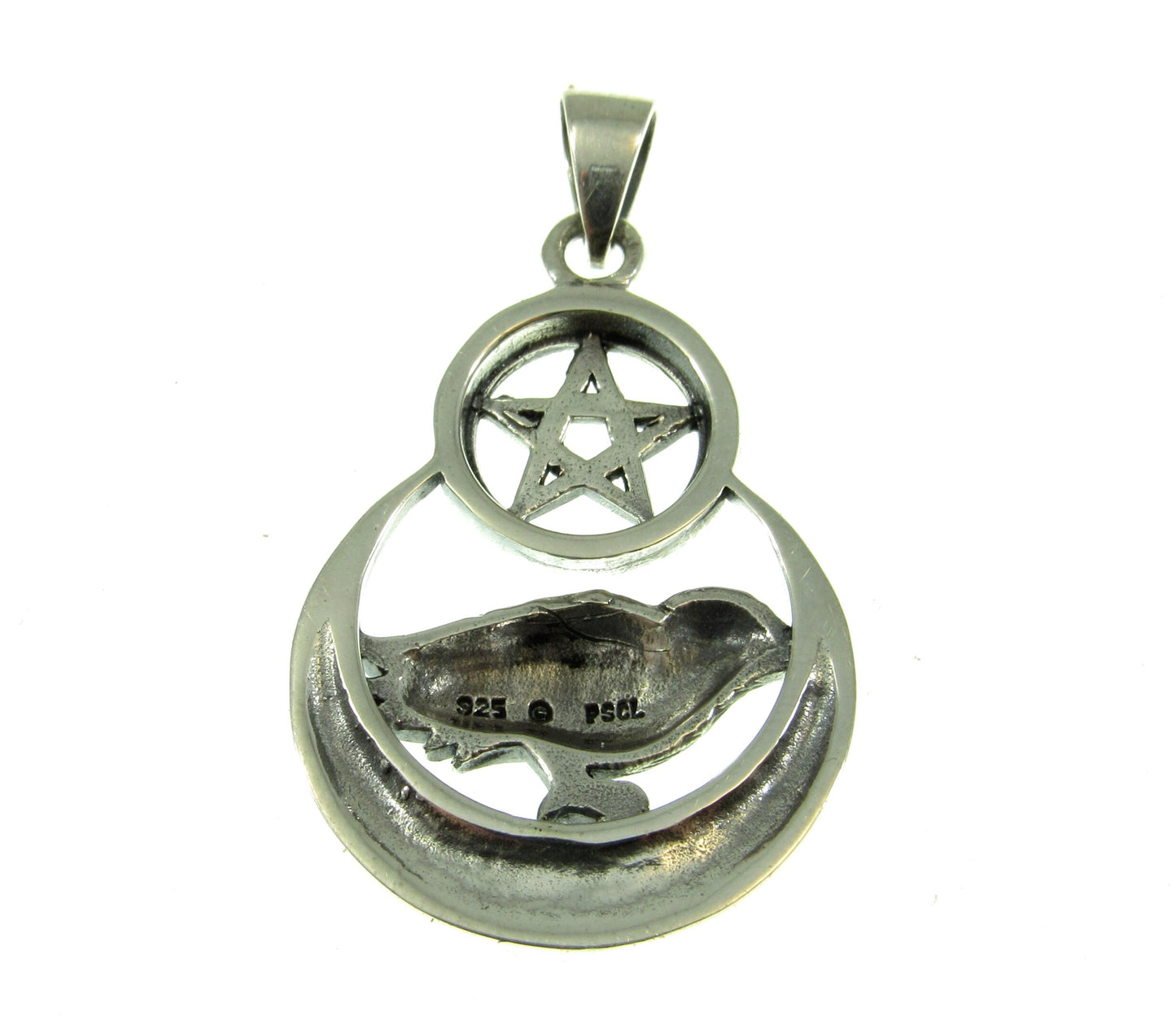 Solid 925 Sterling Silver Raven on Celtic Crescent Moon Pentacle, Magical Pagan Wiccan Amulet