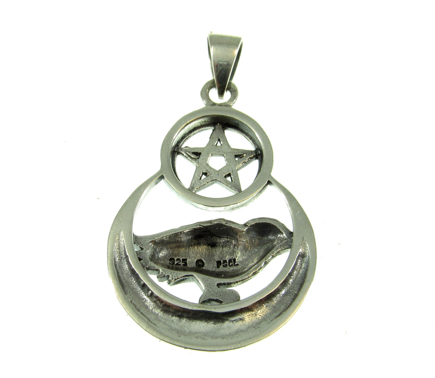 Solid 925 Sterling Silver Raven on Celtic Crescent Moon Pentacle, Magical Pagan Wiccan Amulet