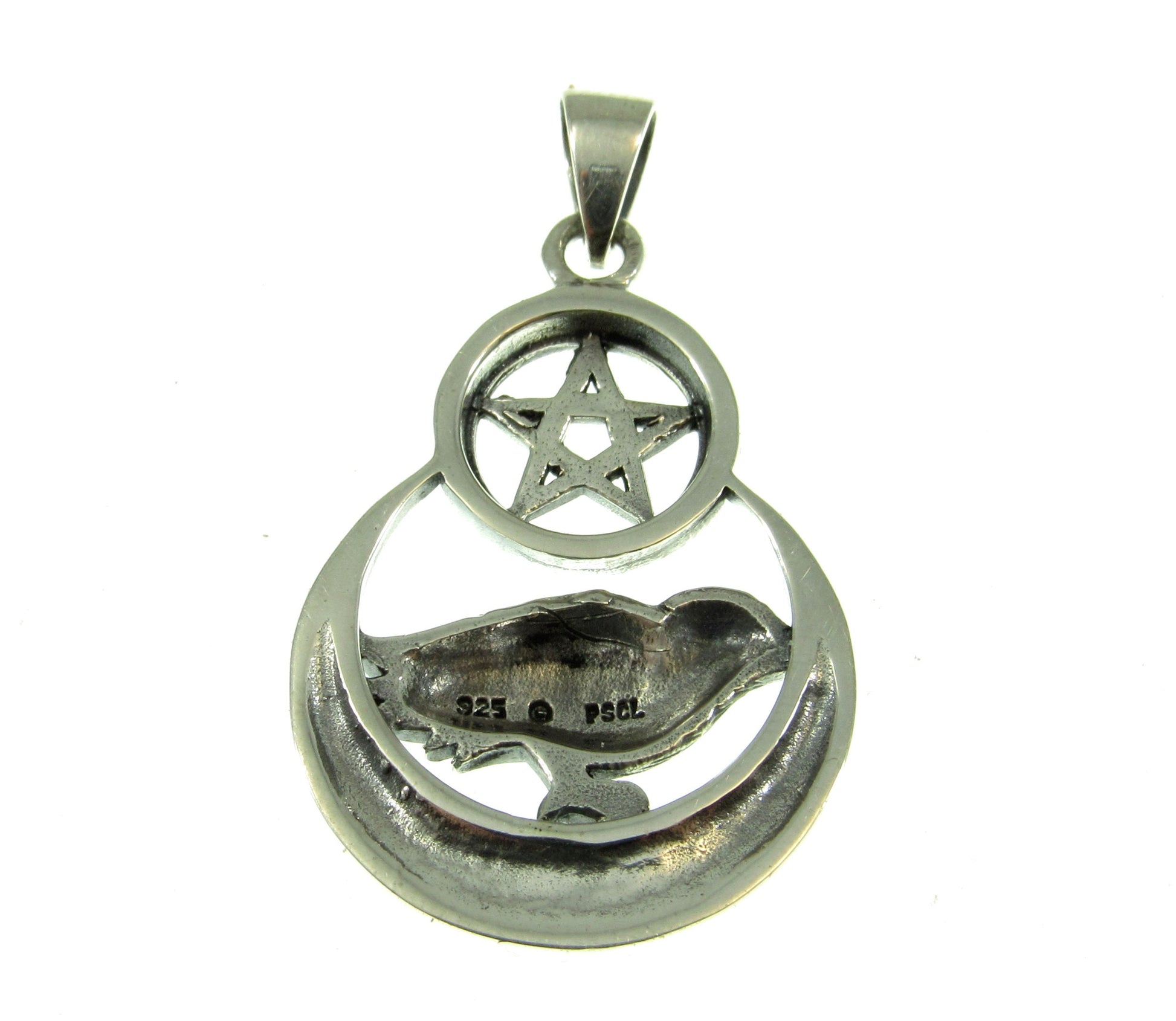 Solid 925 Sterling Silver Raven on Celtic Crescent Moon Pentacle, Magical Pagan Wiccan Amulet