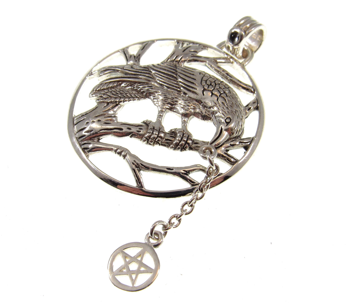 Solid 925 Sterling Silver Raven Macha Celtic Goddess of War Pendant with Pentacle, Wiccan Protection Amulet
