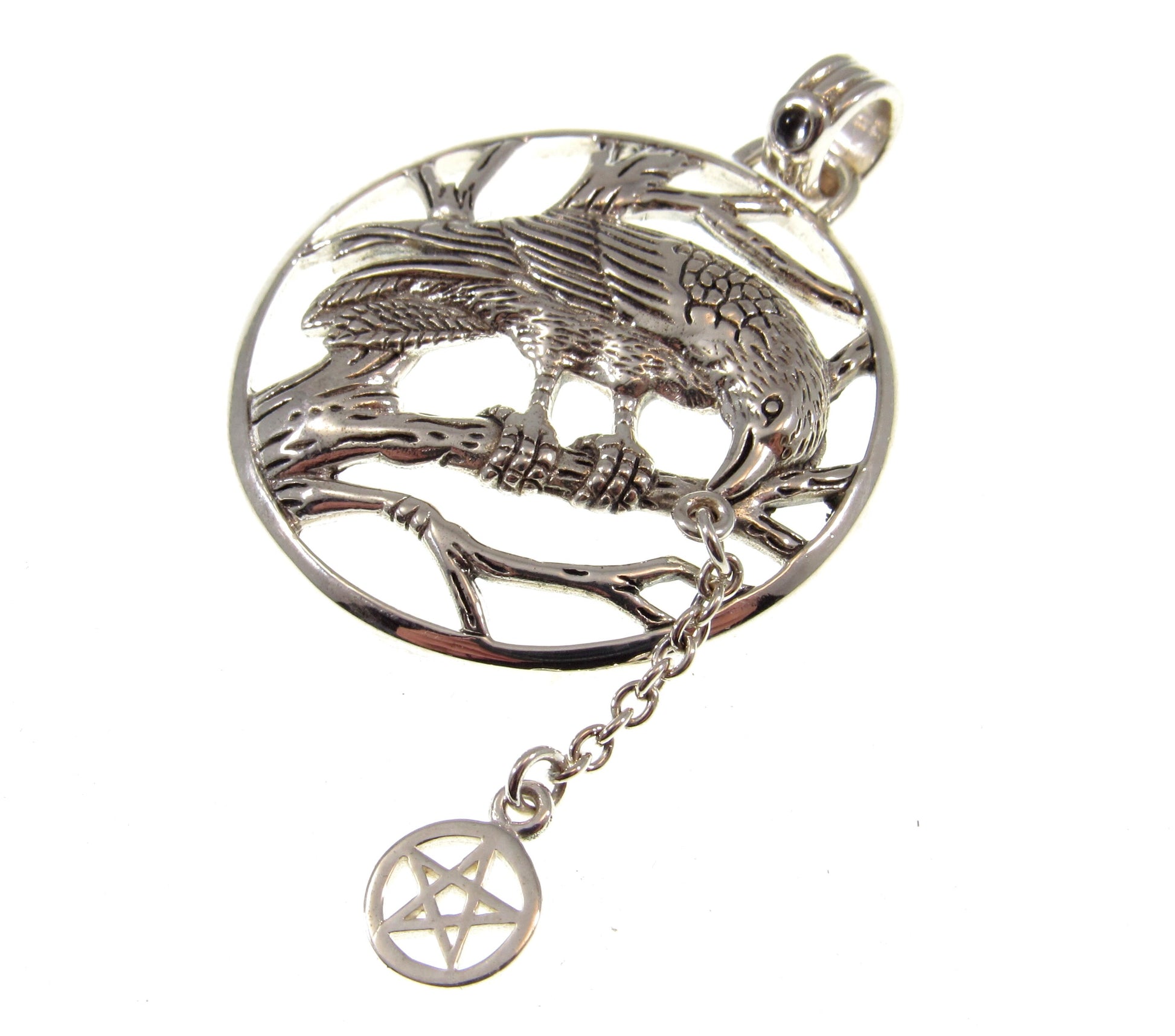 Solid 925 Sterling Silver Raven Macha Celtic Goddess of War Pendant with Pentacle, Wiccan Protection Amulet