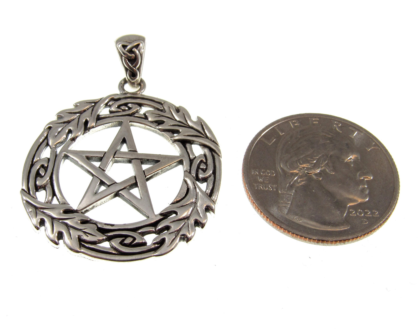 Solid 925 Sterling Silver Pentacle with Oak Leaf Wreath, Handcrafted Protection Pentagram Amulet, Pagan Wicca Talisman