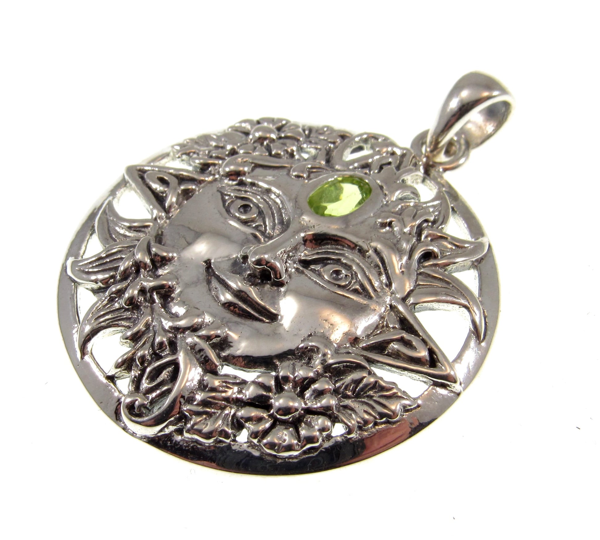 Solid 925 Sterling Silver Spring Sun Face Pendant with Faceted Peridot Gemstone, Embellished with Flowers & Petals