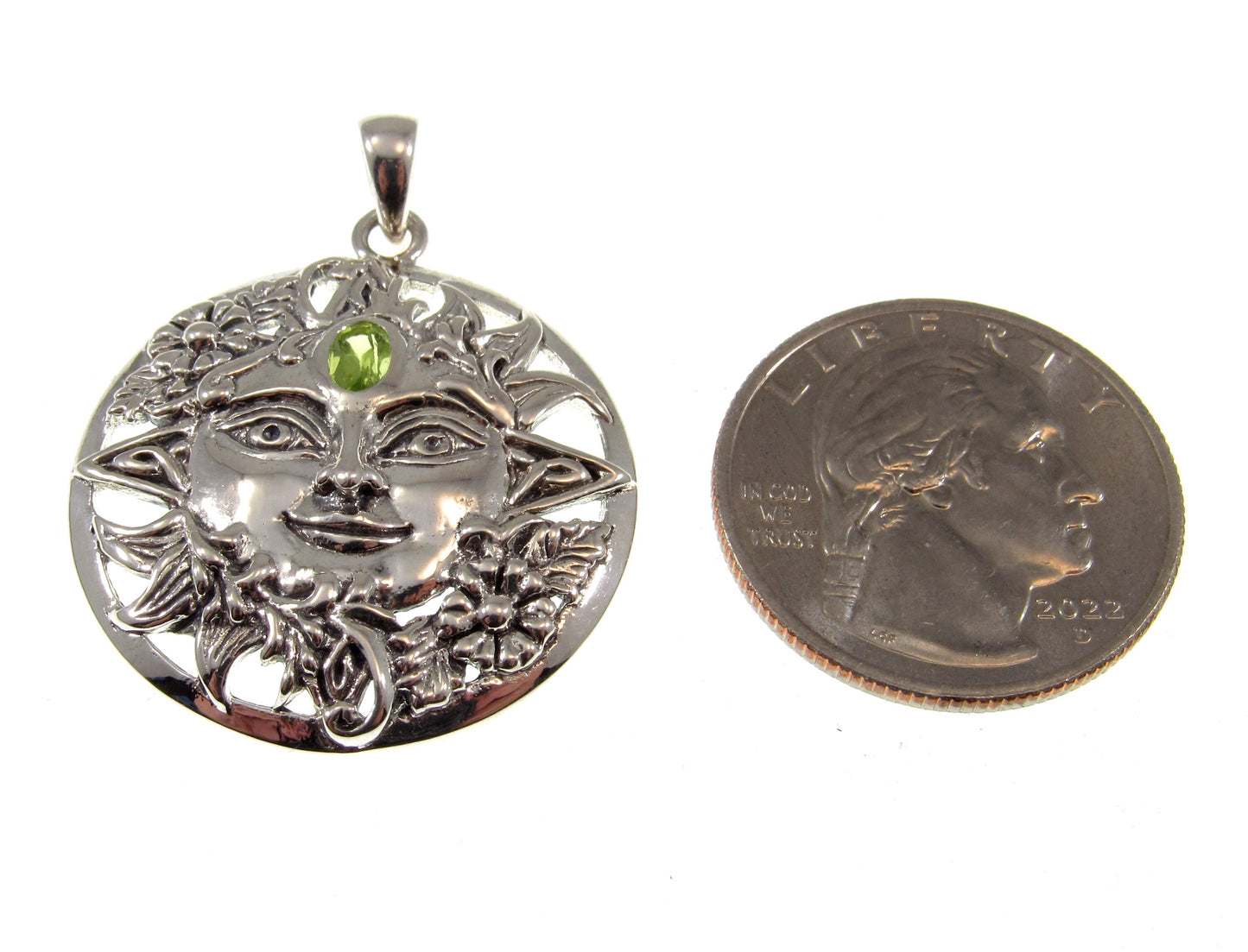 Solid 925 Sterling Silver Spring Sun Face Pendant with Faceted Peridot Gemstone, Embellished with Flowers & Petals