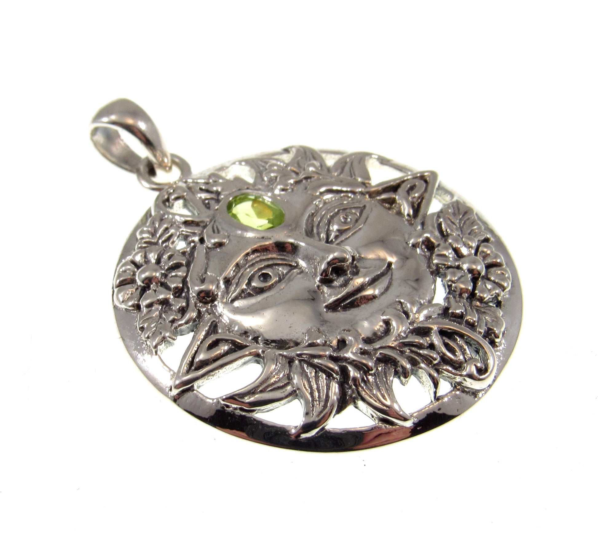Solid 925 Sterling Silver Spring Sun Face Pendant with Faceted Peridot Gemstone, Embellished with Flowers & Petals
