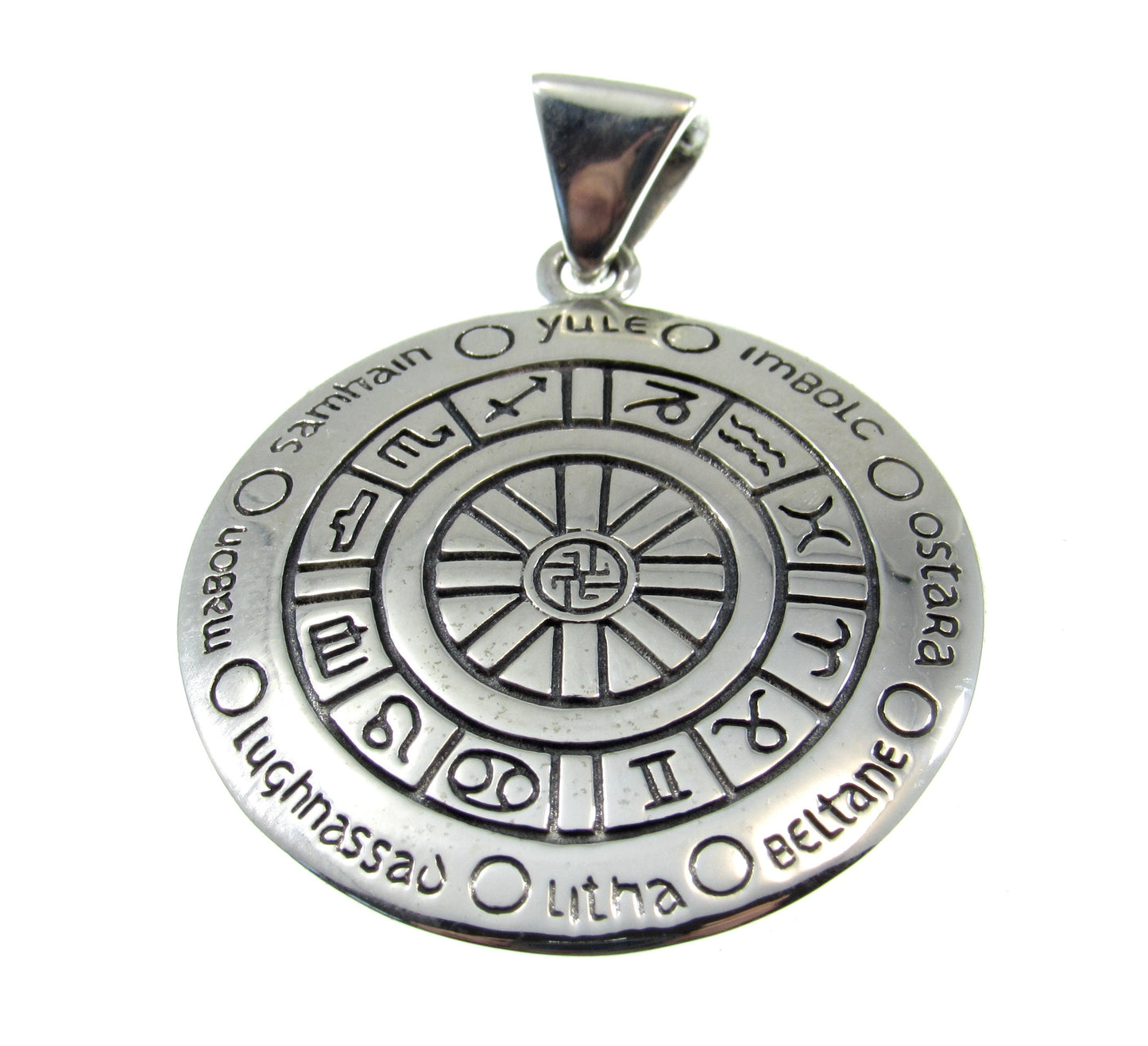 Solid 925 Sterling Silver Wheel of the Year Zodiac Pendant, Magic Celestial Pagan Astrological Amulet
