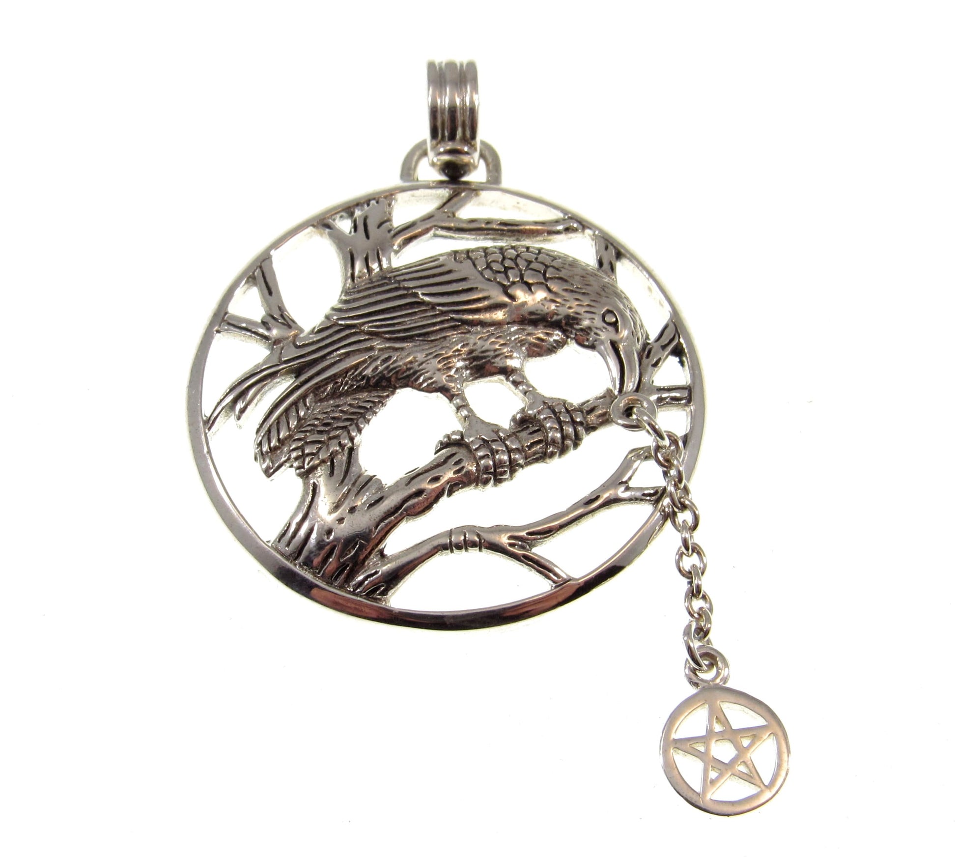 Solid 925 Sterling Silver Raven Macha Celtic Goddess of War Pendant with Pentacle, Wiccan Protection Amulet