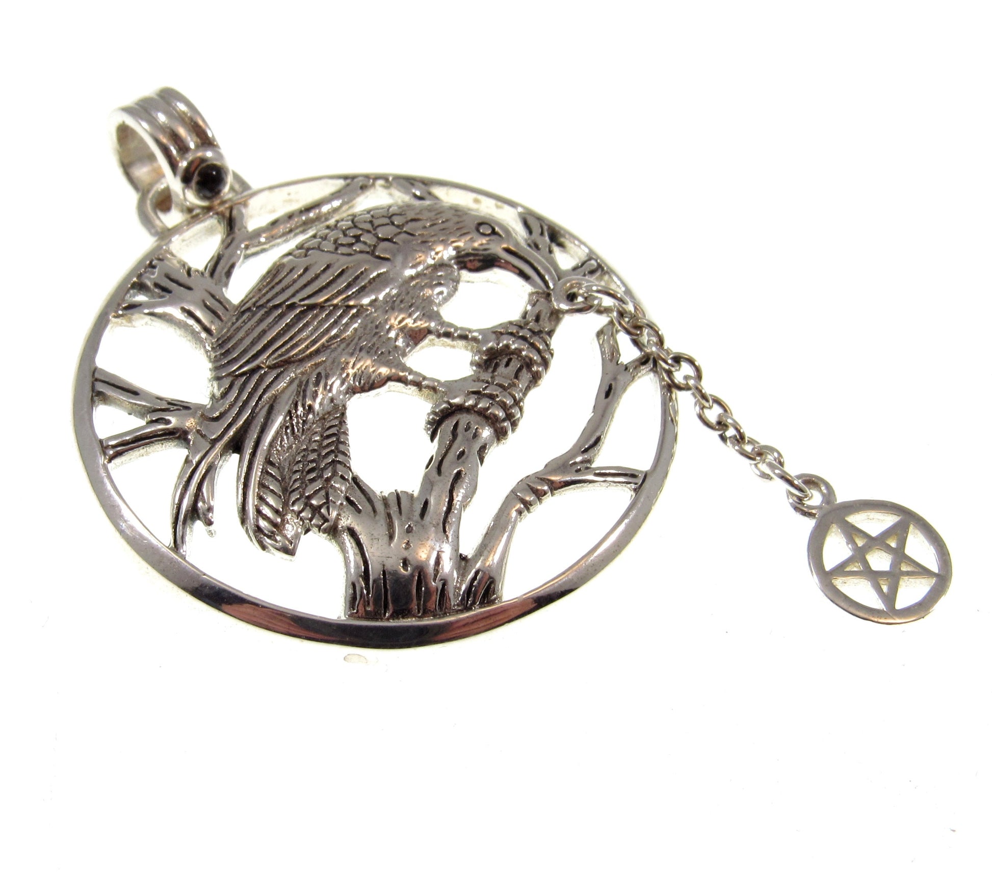 Solid 925 Sterling Silver Raven Macha Celtic Goddess of War Pendant with Pentacle, Wiccan Protection Amulet