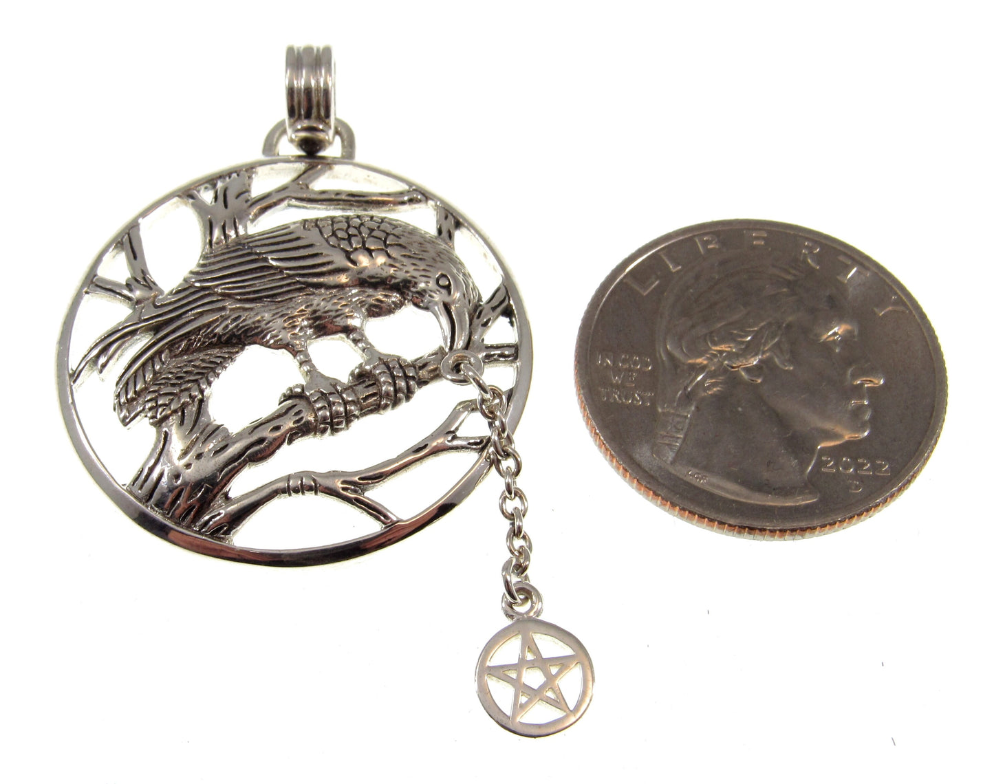 Solid 925 Sterling Silver Raven Macha Celtic Goddess of War Pendant with Pentacle, Wiccan Protection Amulet