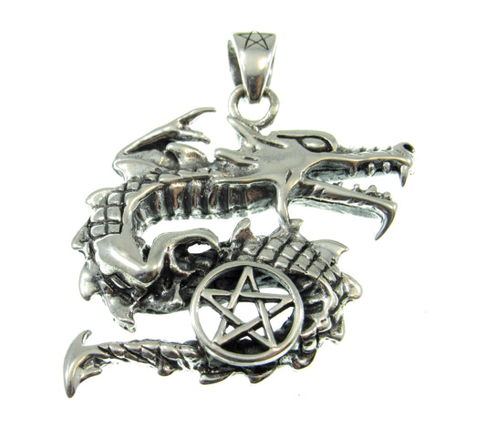 Solid 925 Sterling Silver Curling Dragon and the Star Pentacle Pendant
