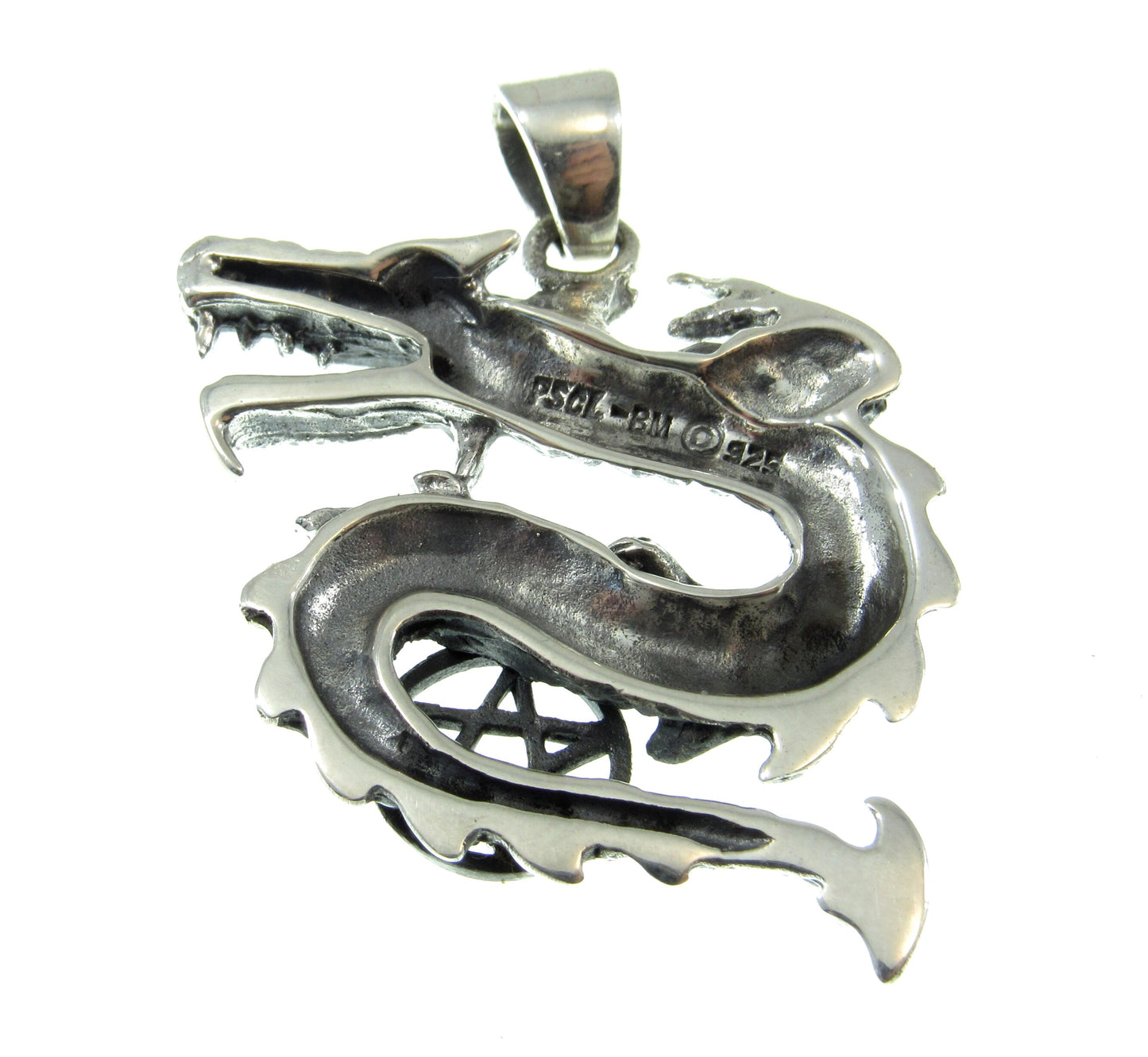 Solid 925 Sterling Silver Curling Dragon and the Star Pentacle Pendant