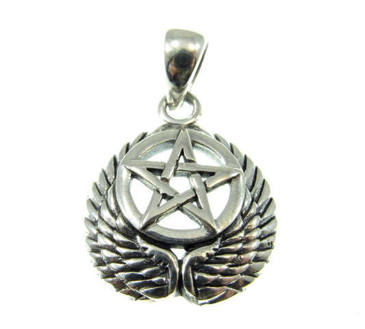 Solid 925 Sterling Silver Falcon Wing Pentacle Pendant, Powerful Pagan & Wiccan Charm