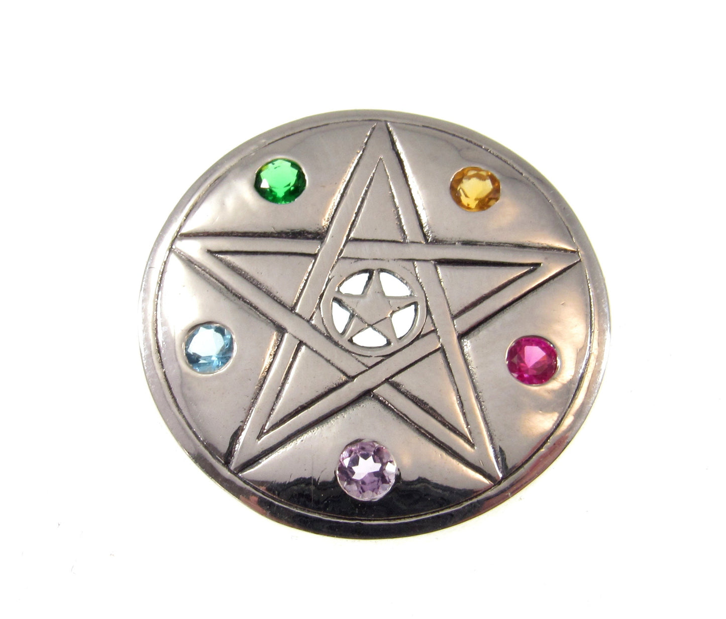 Solid 925 Sterling Silver Elemental Pentacle Disc Pendant With Colorful Gemstones, Powerful Wiccan Amulet