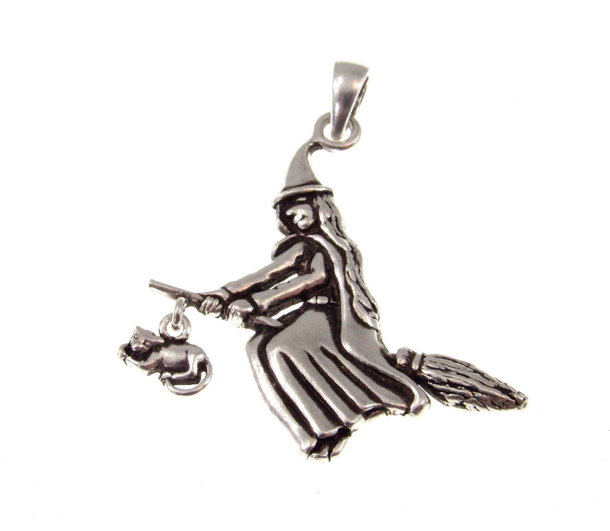 Solid 925 Sterling Silver Witch on Broomstick with Feline Companion Pendant, Magic Wiccan Amulet