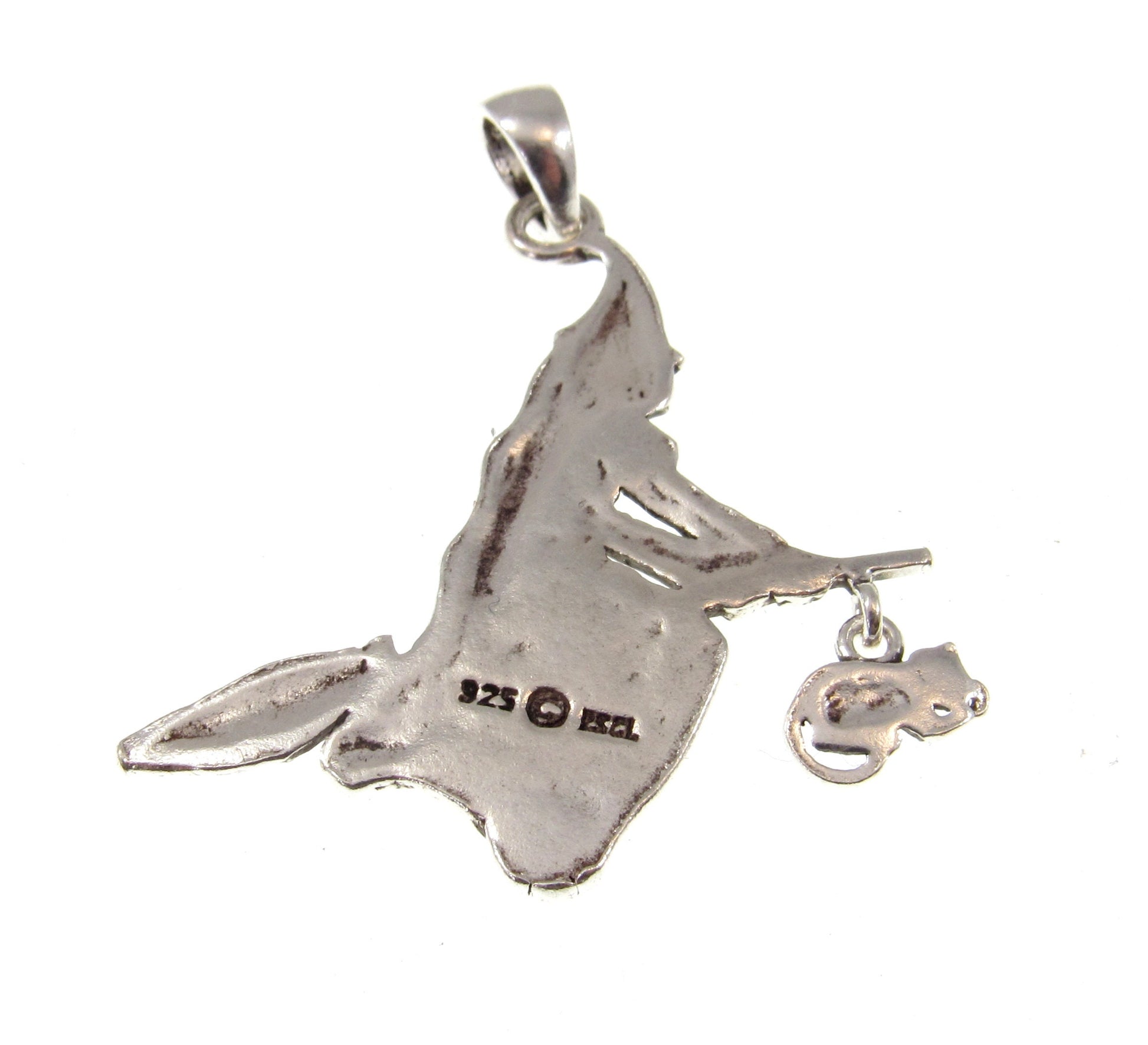 Solid 925 Sterling Silver Witch on Broomstick with Feline Companion Pendant, Magic Wiccan Amulet