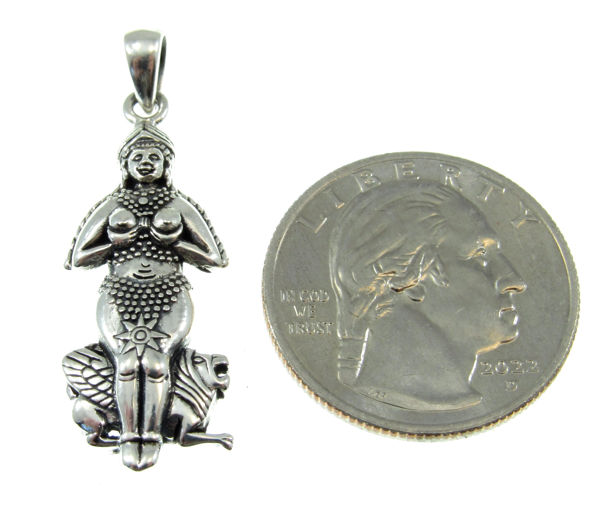 A bit longer than a US quarter and a bit narrower in width, the Goddess Inanna pendant is the perfect size to showcase her without being overbearing.