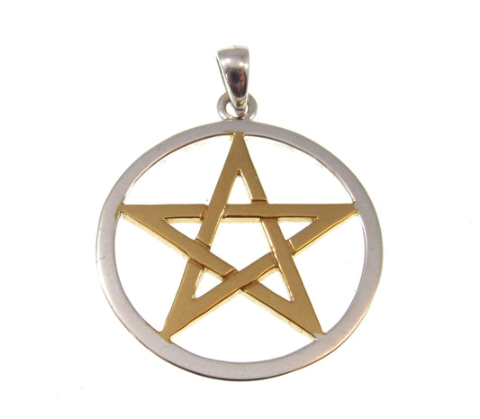 Solid 925 Sterling Silver & Gold Vermeil Pentacle Star Pendant, Pagan Pentagram Wiccan Magic Amulet