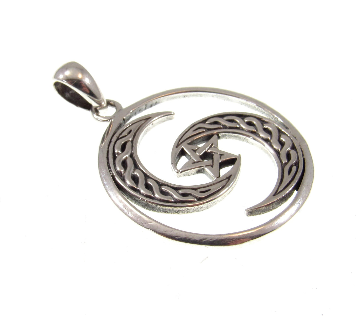 Solid 925 Sterling Silver Pentagram Inside Celtic Crescent Moons Protection Pendant