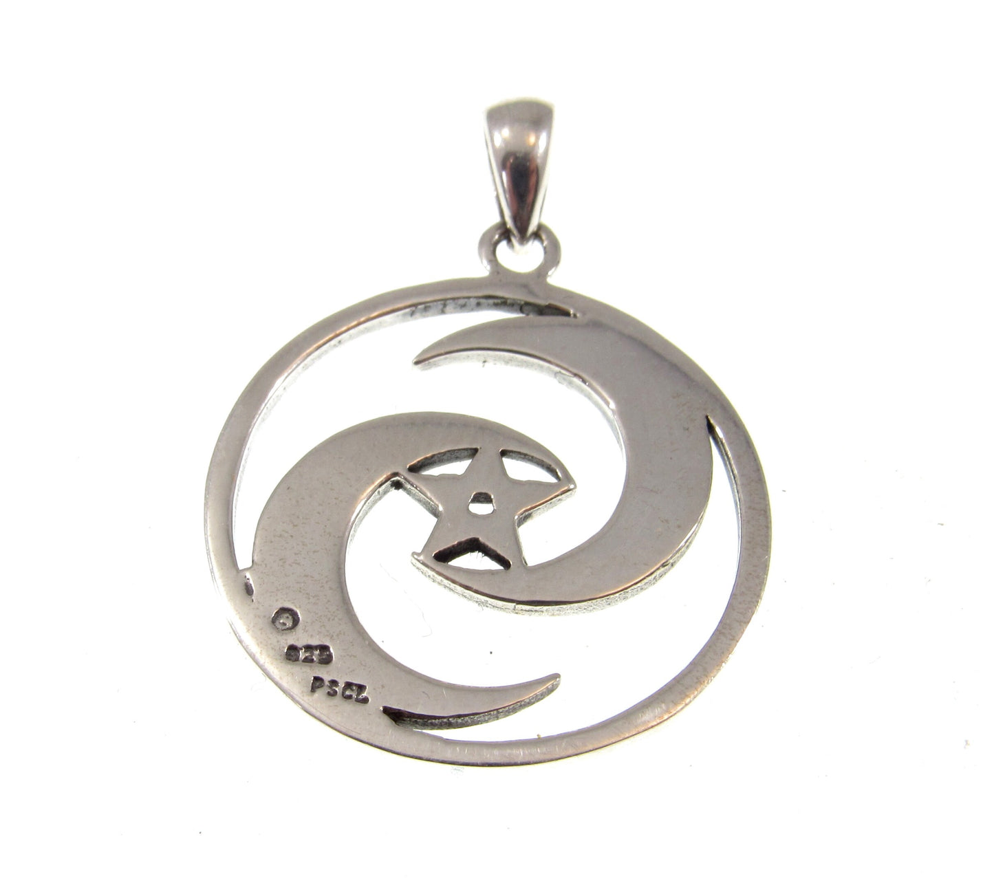 Solid 925 Sterling Silver Pentagram Inside Celtic Crescent Moons Protection Pendant