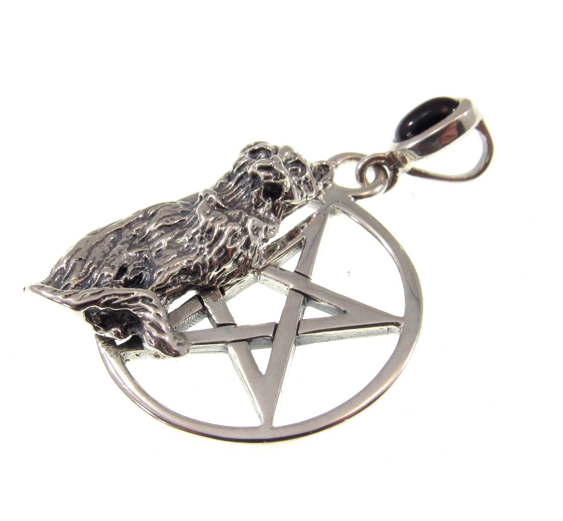 Solid 925 Sterling Silver Cat Familiar Pentacle Pendant With Gemstone: Garnet, Moonstone, Obsidian, or Peridot, Feline Pentagram