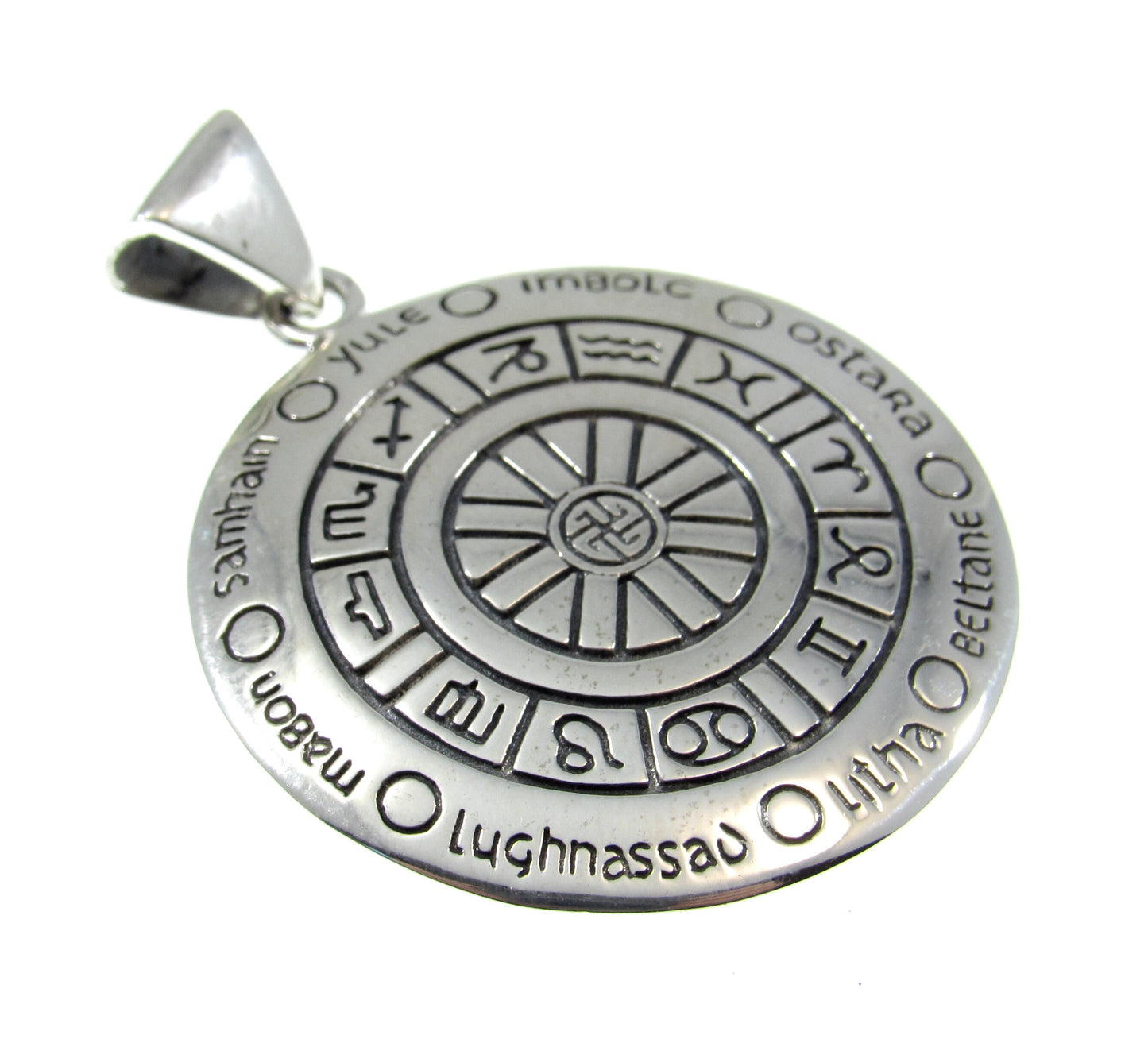 Solid 925 Sterling Silver Wheel of the Year Zodiac Pendant, Magic Celestial Pagan Astrological Amulet