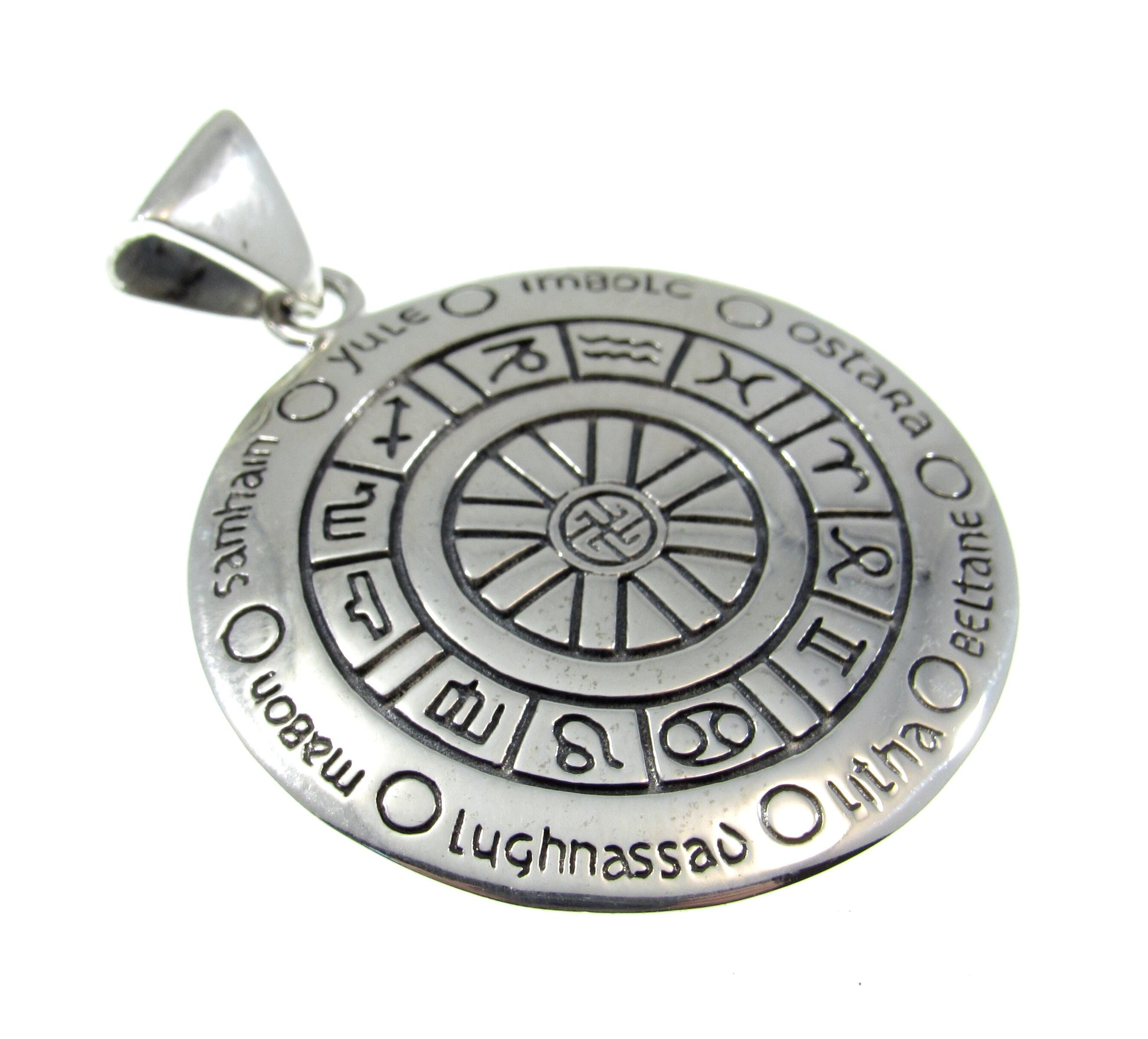 Solid 925 Sterling Silver Wheel of the Year Zodiac Pendant, Magic Celestial Pagan Astrological Amulet