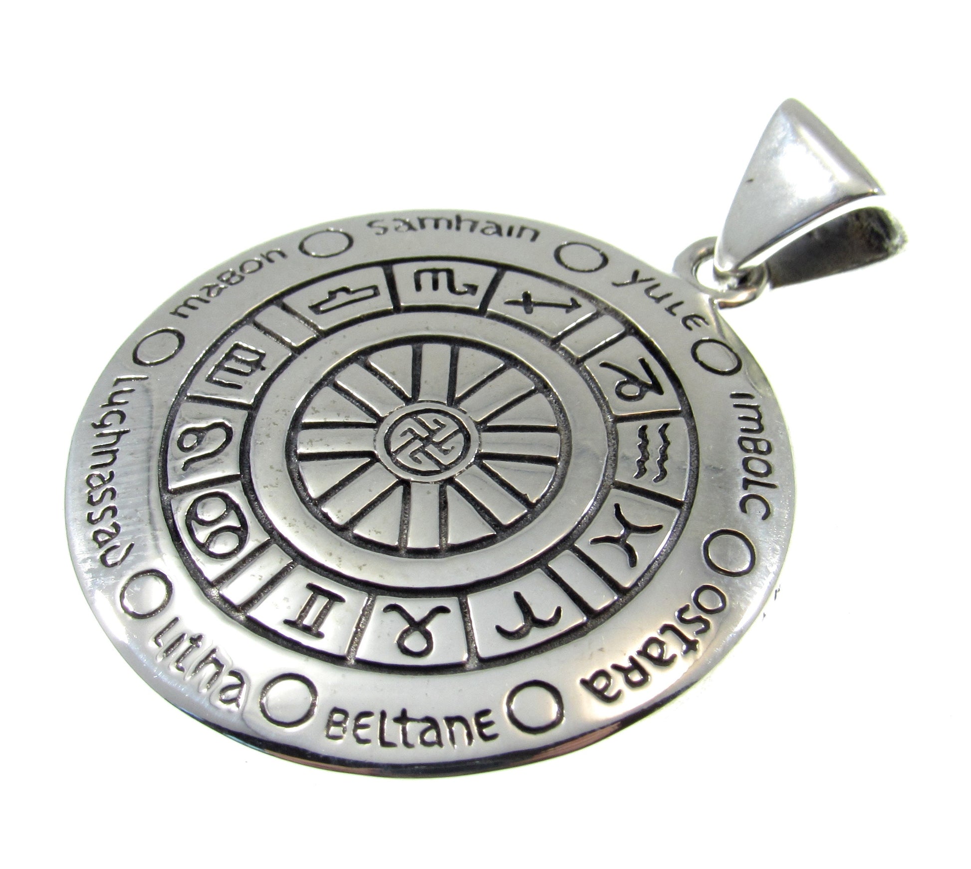Solid 925 Sterling Silver Wheel of the Year Zodiac Pendant, Magic Celestial Pagan Astrological Amulet