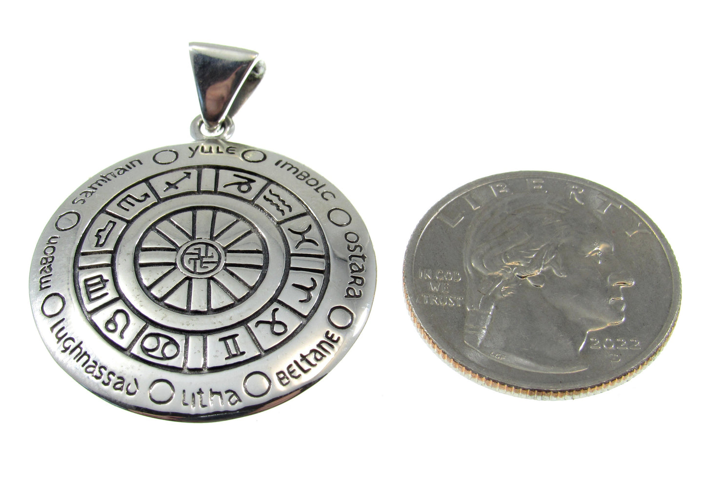 Solid 925 Sterling Silver Wheel of the Year Zodiac Pendant, Magic Celestial Pagan Astrological Amulet
