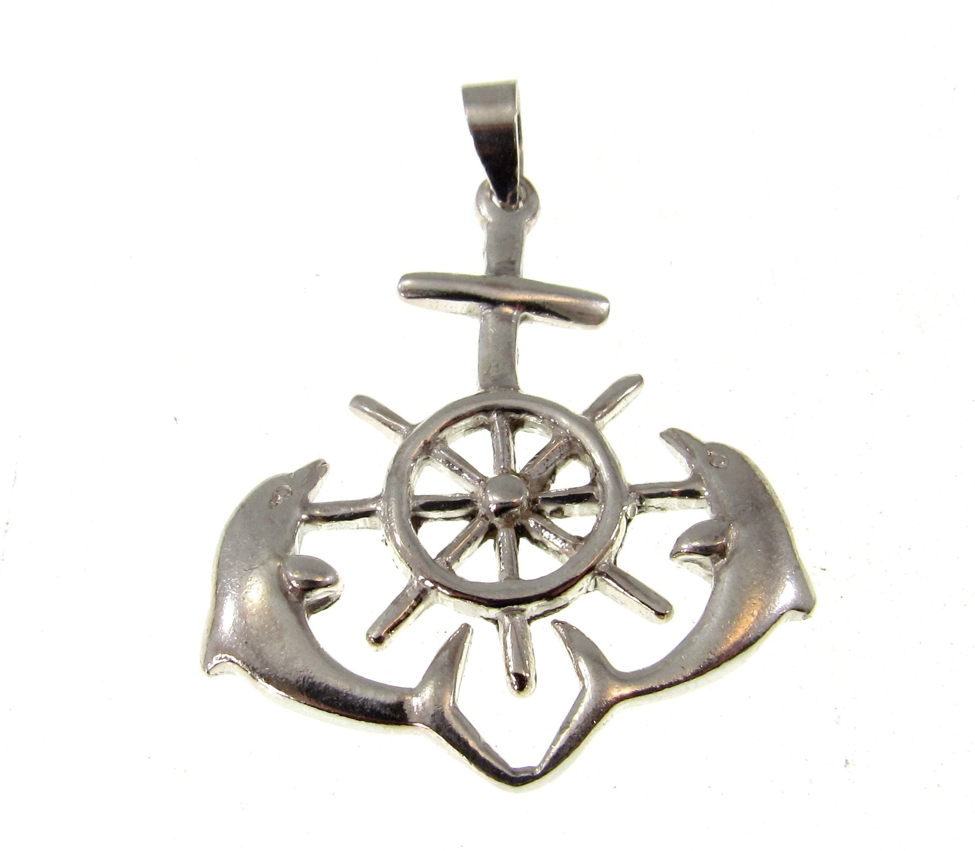 Solid 925 Sterling Silver Ship's Helm, Dolphins, & Anchor Pendant - Nautical Jewelry, Men's Ocean Charm, Sailing Necklace Pendant
