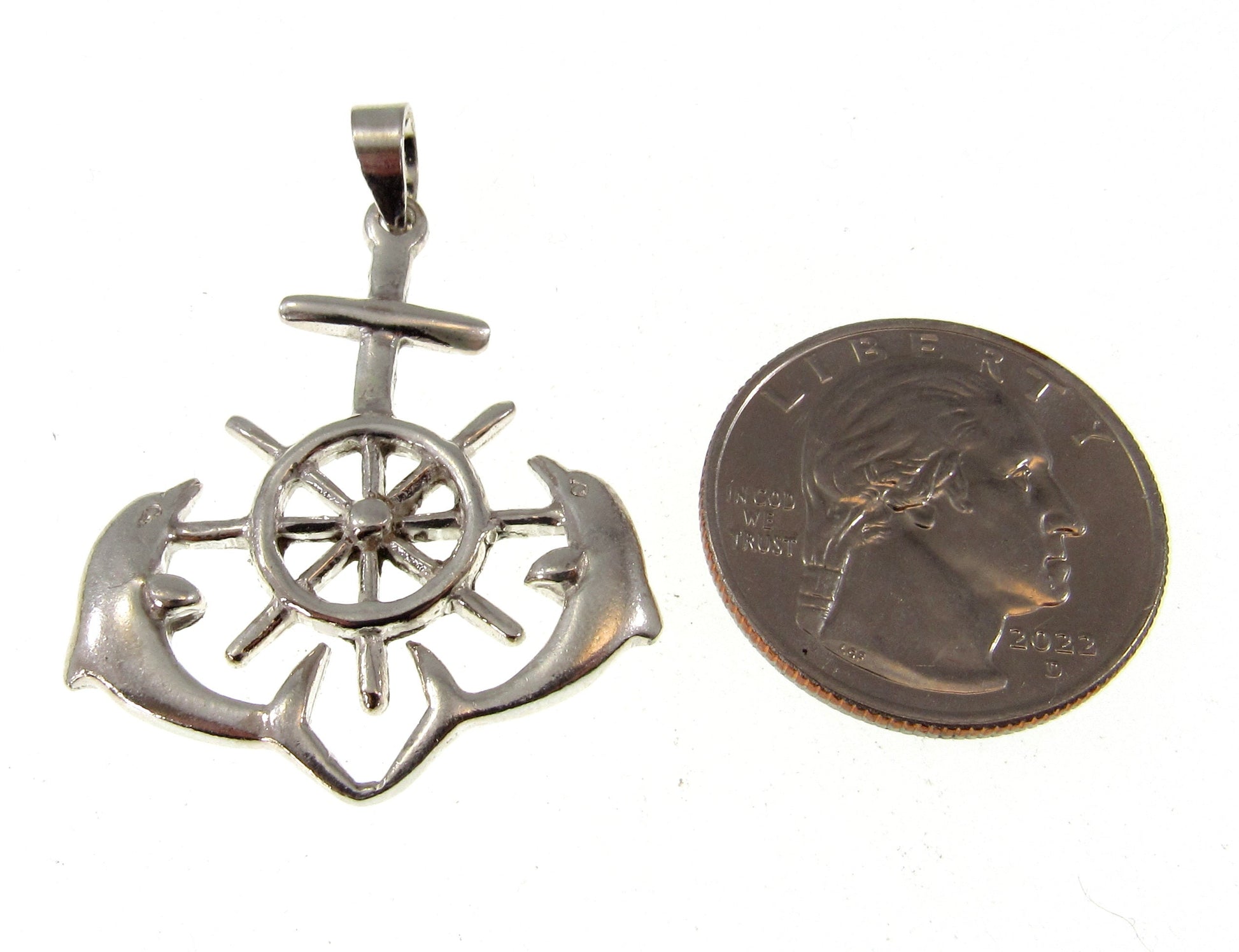 Solid 925 Sterling Silver Ship's Helm, Dolphins, & Anchor Pendant - Nautical Jewelry, Men's Ocean Charm, Sailing Necklace Pendant