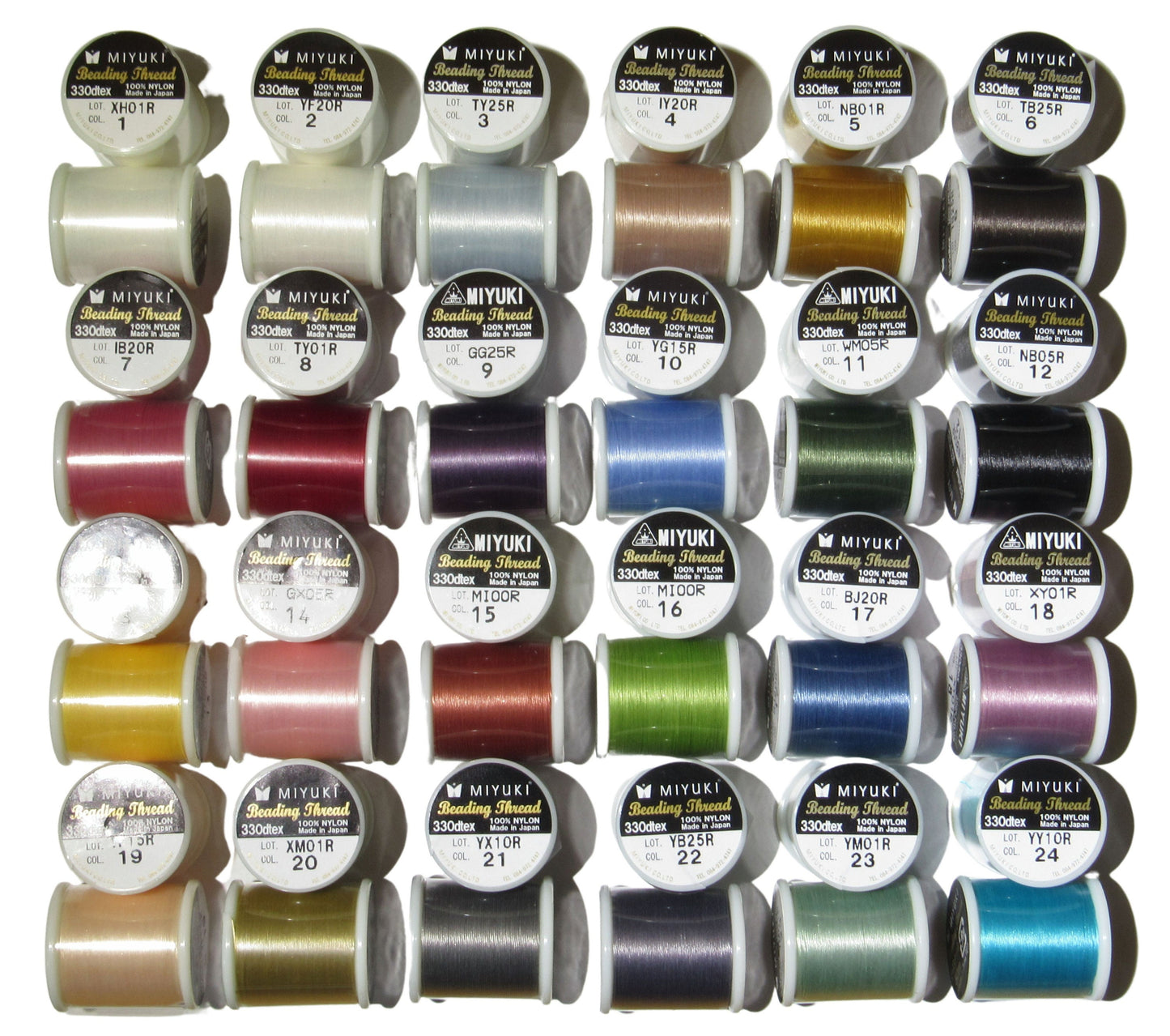 Miyuki Japanese Beading Thread Set of 24 Different Color Bobbins, 50 Meter Spools Nylon Bead Cord for Delica Bead Stringing & Jewelry Making