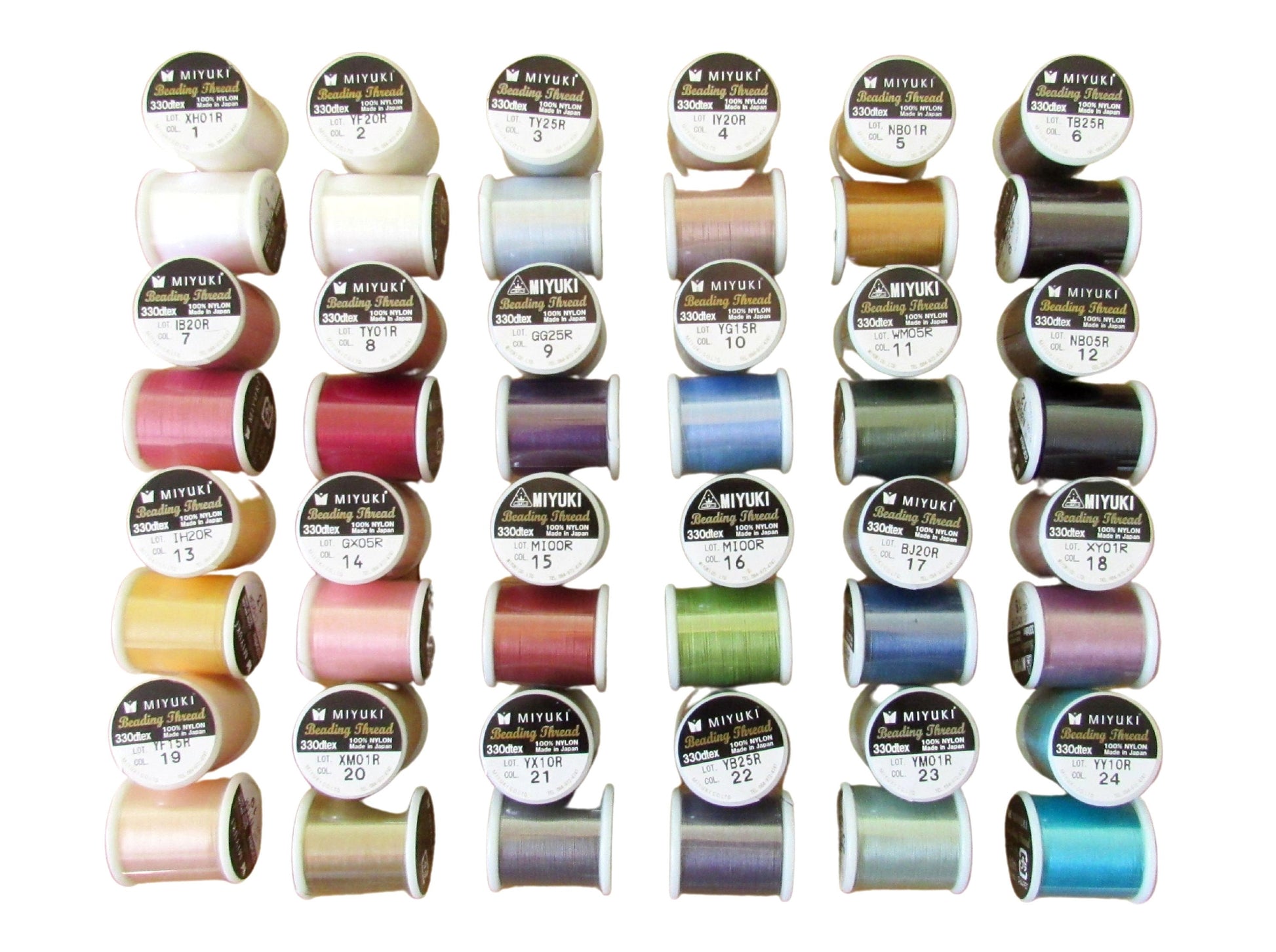 Miyuki Japanese Beading Thread Set of 24 Different Color Bobbins, 50 Meter Spools Nylon Bead Cord for Delica Bead Stringing & Jewelry Making