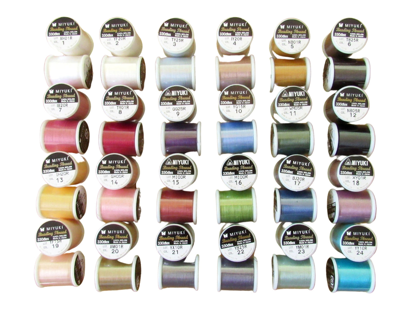 Miyuki Japanese Beading Thread Set of 24 Different Color Bobbins, 50 Meter Spools Nylon Bead Cord for Delica Bead Stringing & Jewelry Making