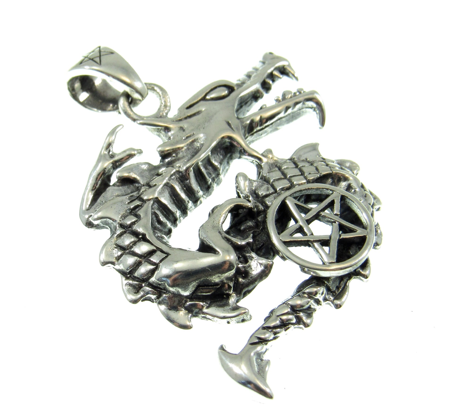 Solid 925 Sterling Silver Curling Dragon and the Star Pentacle Pendant