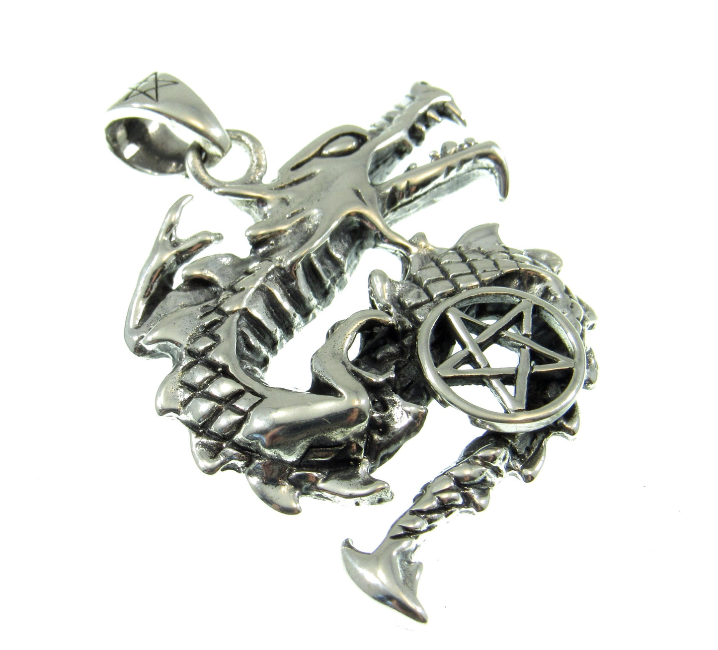 Solid 925 Sterling Silver Dragon Pentacle Pendant, Pagan Pentagram, Wiccan Amulet, Gothic Occult Talisman